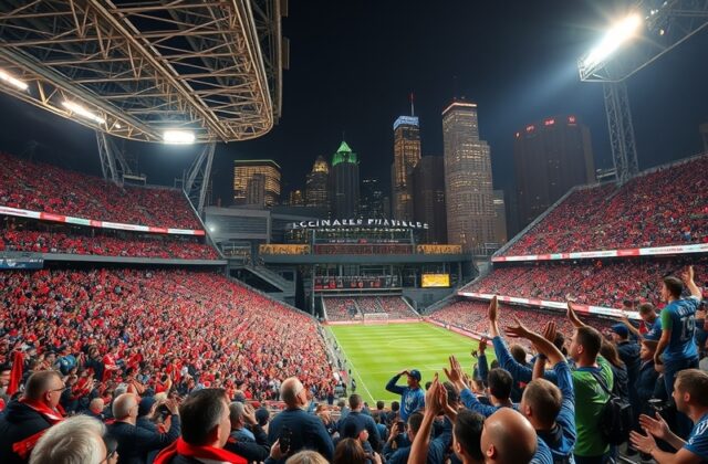 A packed Soldier Field during a Chicago Fire vs Seattle Sounders match, with blue and red scarves waving, smoke from flares,