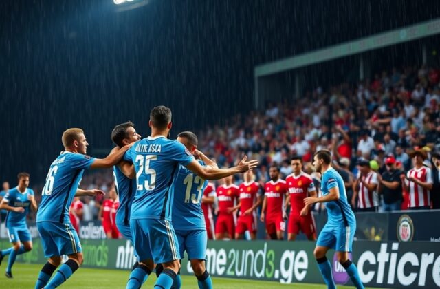 A vivid stadium shot at Saputo Stadium at dusk, with Inter Miami’s neon pink away kit clashing against Montreal’s deep blue h