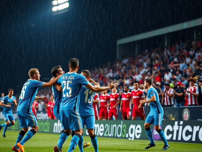 A vivid stadium shot at Saputo Stadium at dusk, with Inter Miami’s neon pink away kit clashing against Montreal’s deep blue h