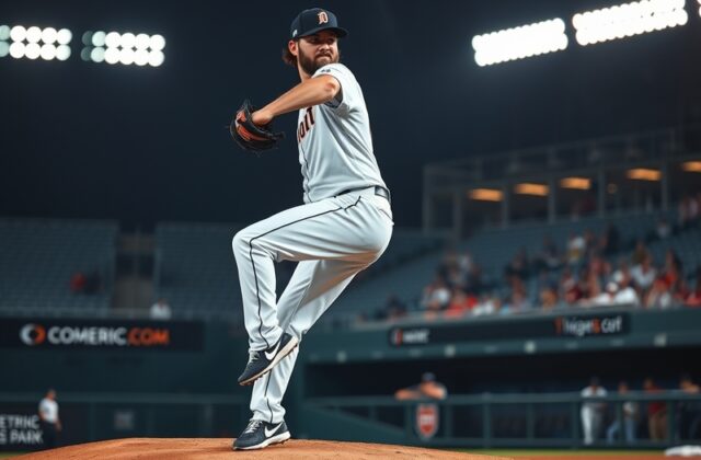 A split-image photo of Michael Fulmer in his 2016 Tigers rookie season (in uniform, mid-pitch) alongside a 2023 Twins photo (