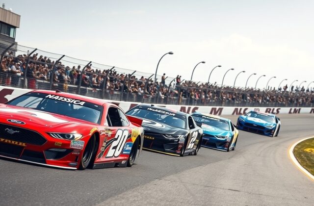 A high-speed action shot of NASCAR drivers on a banked oval track during the Chase for the Championship, with vibrant car col