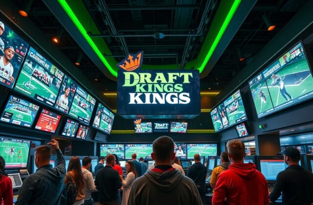 A smartphone displaying the DraftKings Sportsbook app interface on a sleek, modern desk setup with a sports jersey and bettin