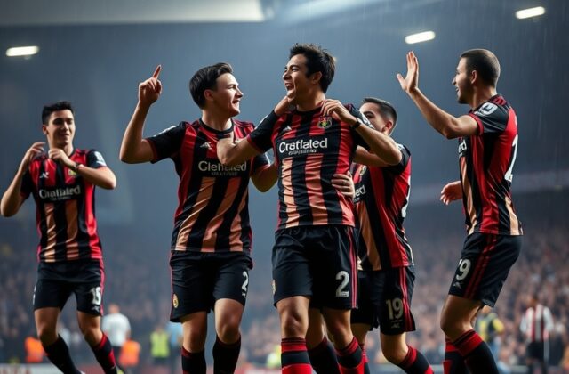 A mid-action shot at the Stadium of Light during the Sunderland vs Fulham match, showing Ross Stewart celebrating after scori