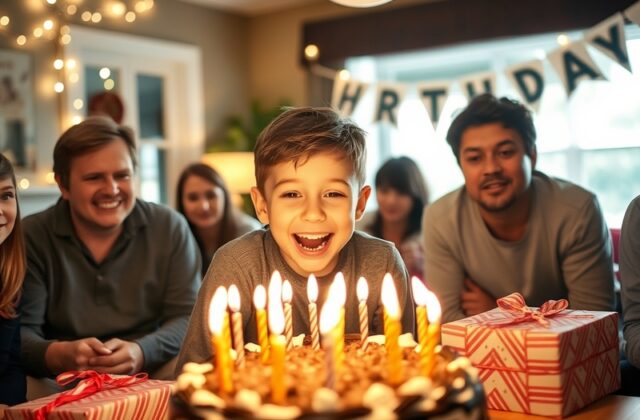 A joyful outdoor birthday party scene with a decorated cake, teens playing games, and loved ones gathered around a bonfire at