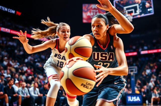 A dynamic action shot of Caitlin Clark and Angel Reese playing together for Team USA, wearing red, white, and blue jerseys, w