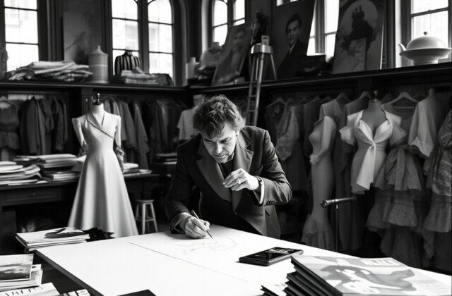 A split-image illustration showing John Galliano on the left in his Dior era, wearing a dramatic coat and holding a walking s