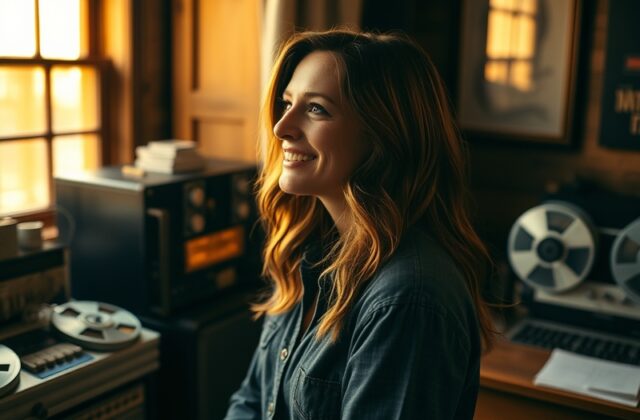 A candid portrait of Lainey Mae Parton in a cozy Nashville café, smiling while holding a coffee cup, with soft natural lighti