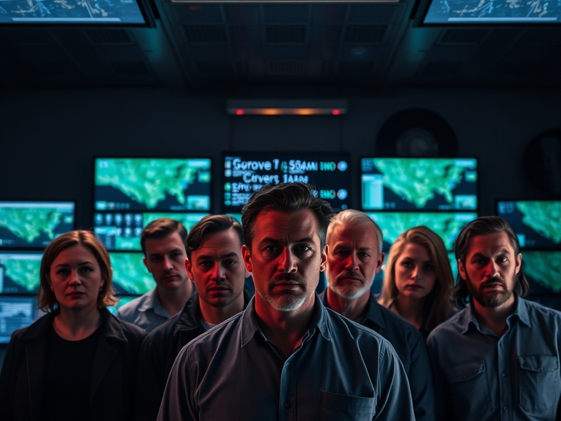 A tense, moody promotional shot of the Trigger Point Season 4 cast standing in a dimly lit MI5 office, with Jude Akuwudike an