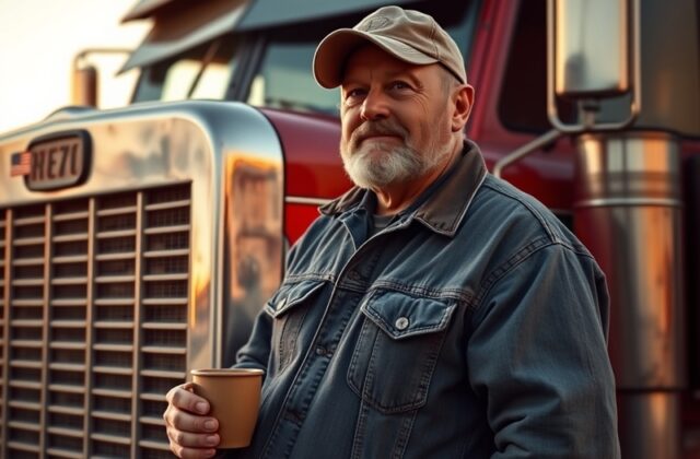 A high-angle shot of a big rig driving on an empty highway at sunset, with the cab interior visible through the windshield. T