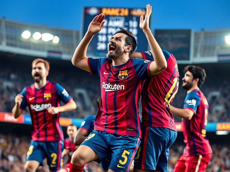 A tense moment at the Olímpic Lluís Companys stadium during Barcelona vs Rayo Vallecano, showing players in mid-action, fans