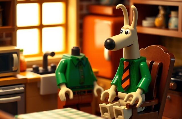 A detailed LEGO diorama featuring Wallace and Gromit in their iconic kitchen, surrounded by brick-built inventions and access
