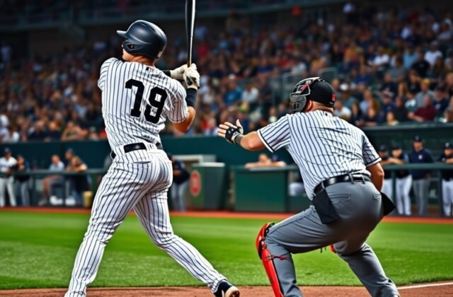 A dynamic shot of Shohei Ohtani pitching against Gerrit Cole at Yankee Stadium, with Aaron Judge and Mike Trout in the backgr