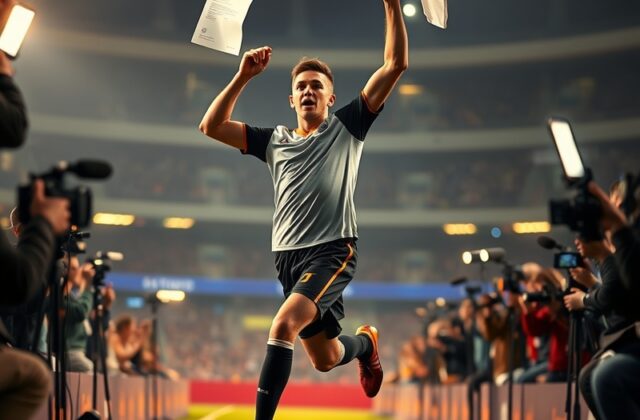 A collage of football players in team kits mid-celebration, surrounded by newspaper headlines detailing transfer news, with a