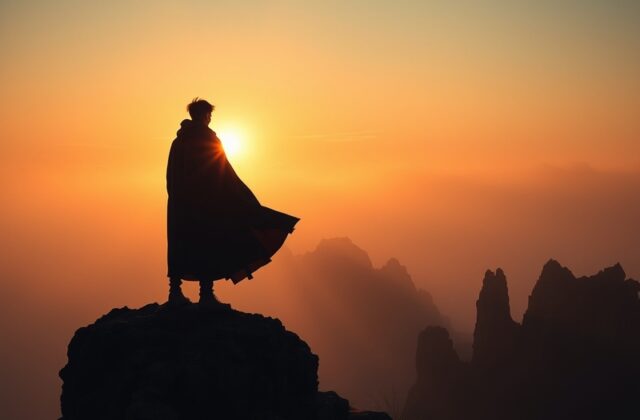 A cinematic shot of a gothic city at dusk, with crumbling cathedrals and neon-lit alleys. A lone figure in a trench coat stan