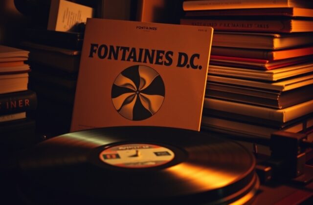 A dimly lit concert venue stage with Fontaines D.C. performing under warm stage lights, fans raising phones to record, captur