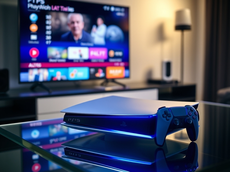 A PS5 console displayed on a modern TV showing a live sports broadcast, with a PS5 Media Remote on a wooden surface nearby. T