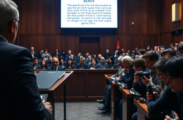 A split-screen image showing a frustrated gamer in front of a PlayStation Store interface on one side, and a courtroom gavel