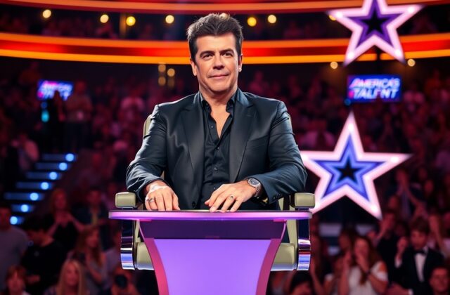 A split-screen image showing Simon Cowell in a judge’s chair on AGT left side, with a montage of AGT contestants and other ju