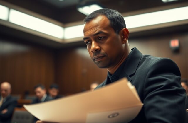 A split-image illustration showing Tiger Woods in a courtroom sketch style on one side and in a golf pose on the other, with