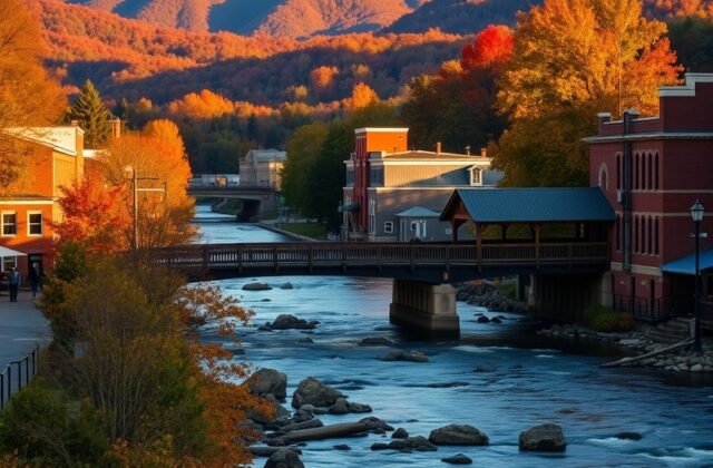 A scenic view of Waynesboro’s downtown with the Blue Ridge Mountains in the background, featuring historic buildings, a river