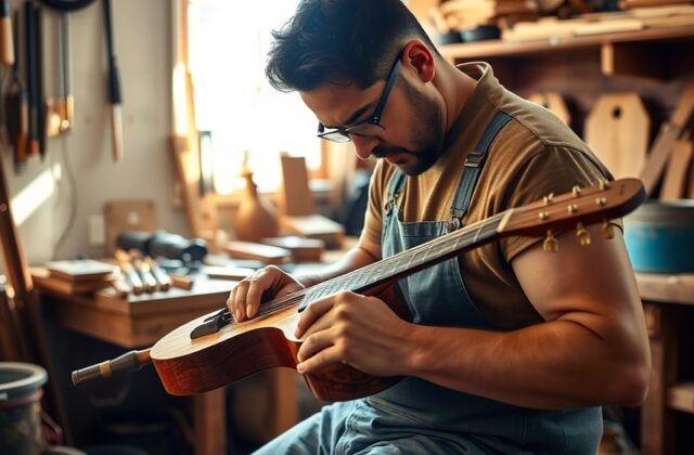 A vibrant studio scene where Tuey Rodriguez, a Puerto Rican artist in his 30s with curly hair and a paint-splattered apron, t