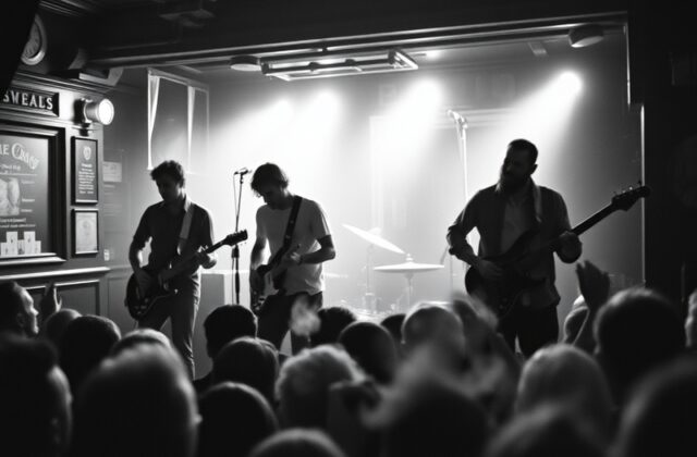 A live shot of Fontaines D.C. performing on stage, with Grian Chatten mid-delivery, neon lights casting a moody glow, and a c