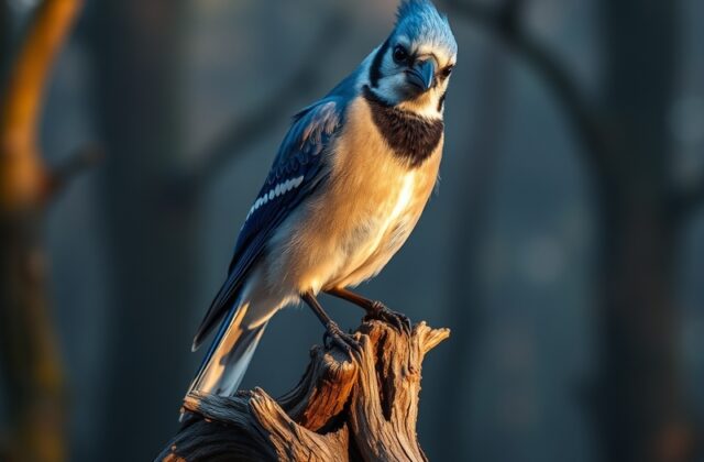 A vibrant blue jay perched on a mossy oak branch, its crest raised and feathers gleaming in soft sunlight. The background sho