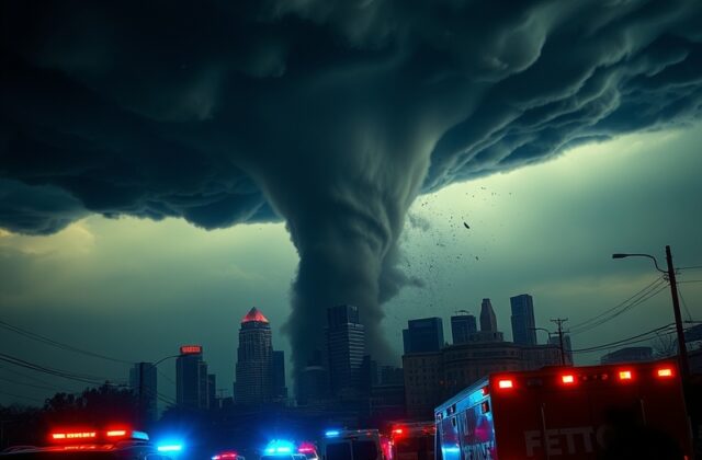 A dramatic nighttime scene of dark storm clouds over Detroit’s skyline, with emergency alert lights flashing on buildings and