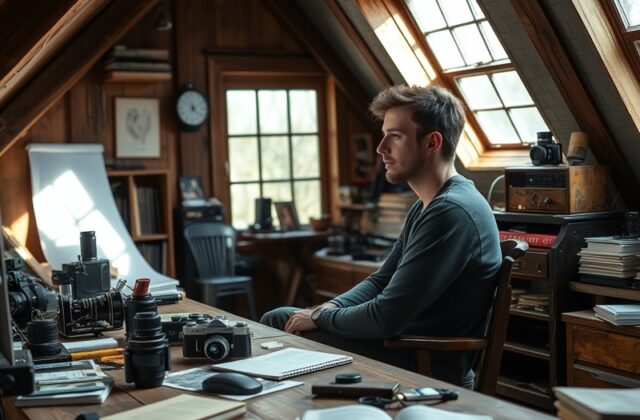 A candid portrait of Quinn Matthews in a recording studio, surrounded by vintage sports memorabilia and modern digital equipm