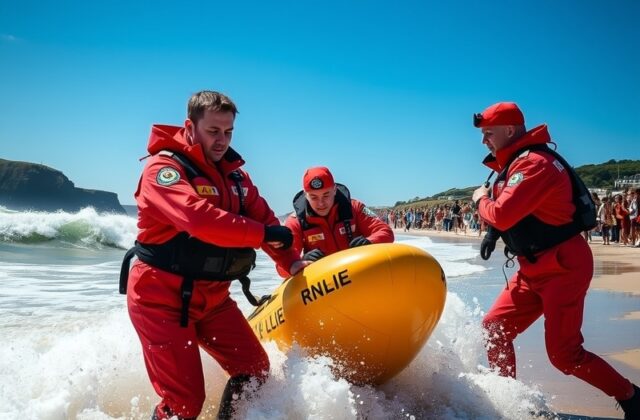 A vibrant scene of RNLI lifeguards on duty at Porth Beach, with waves crashing in the background and beachgoers enjoying the