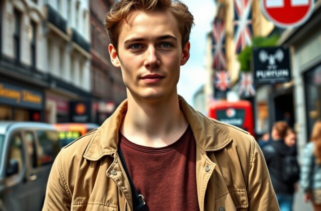 A portrait of Billy Barratt on a film set, showcasing his intense gaze and passion for acting, with a blurred background of c