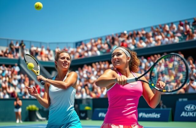 A dynamic action shot from the match featuring Aryna Sabalenka serving and Kamilla Rakhimova ready to return, showcasing thei