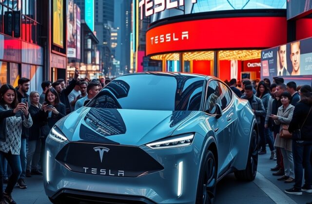 An image showcasing Tesla's Cybercab prototype in an urban setting, with a futuristic skyline in the background, emphasizing