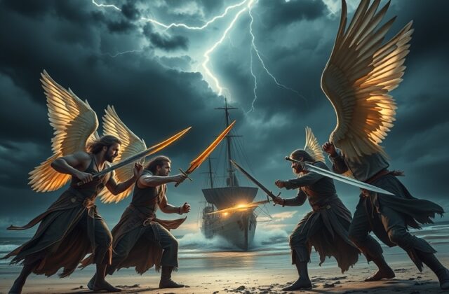 A dramatic scene depicting an angel and a pirate facing each other, set against a backdrop of stormy seas and celestial skies