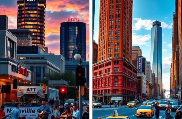 A split image showcasing the vibrant nightlife of Nashville with its music scene on one side and the bustling streets of New