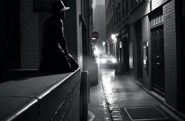 An illustration of Spider-Man Noir in a shadowy urban setting, wearing a fedora and trench coat, with a moody, noir-inspired