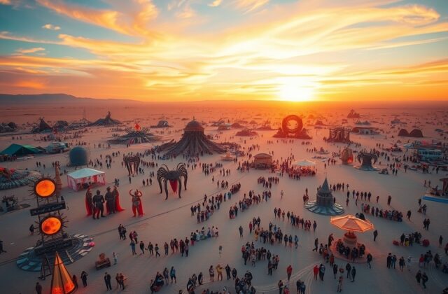 A vibrant scene from Burning Man 2023 featuring colorful art installations and participants in elaborate costumes amidst the