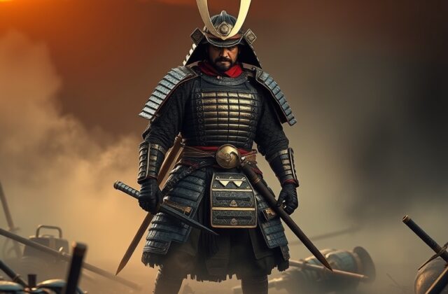 An artistic rendering of a samurai warrior in traditional armor, set against a backdrop of feudal Japan, showcasing a blend o