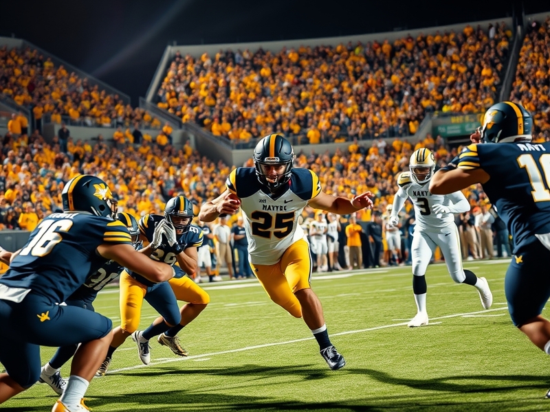 A vibrant image capturing the excitement of a Towson vs. Navy football game, featuring cheering fans, team colors, and the in