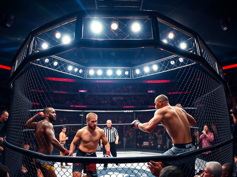 A dynamic shot of fighters in the octagon during UFC 332, capturing the intensity of the competition with a packed audience i