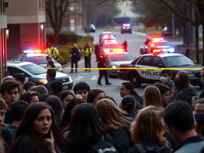 A somber scene on the Sacramento State University campus, with students gathered in small groups, showing expressions of conc