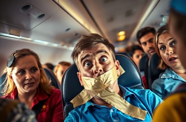 A tense scene onboard a flight showing flight attendants managing a disruptive passenger, with duct tape visibly used for res