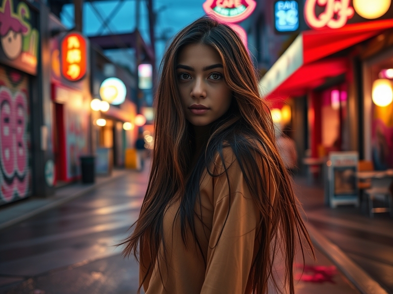 A vibrant portrait of Nevaeh Akira, showcasing her confident demeanor and engaging personality, set against a colorful backdr
