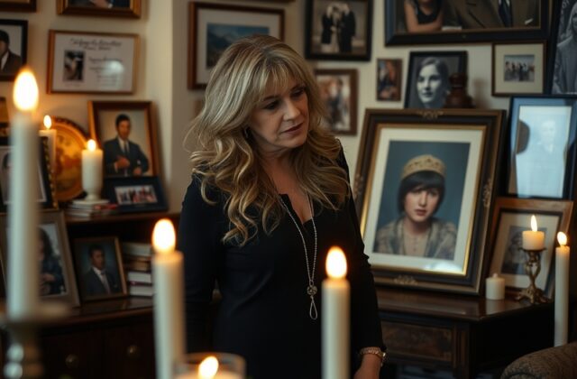 A somber portrait of Stevie Nicks, reflecting on her brother's passing, surrounded by musical instruments symbolizing her art