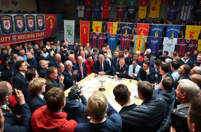 An action-packed football scene depicting diverse teams in a competitive match setting, capturing the spirit of the FA Cup.