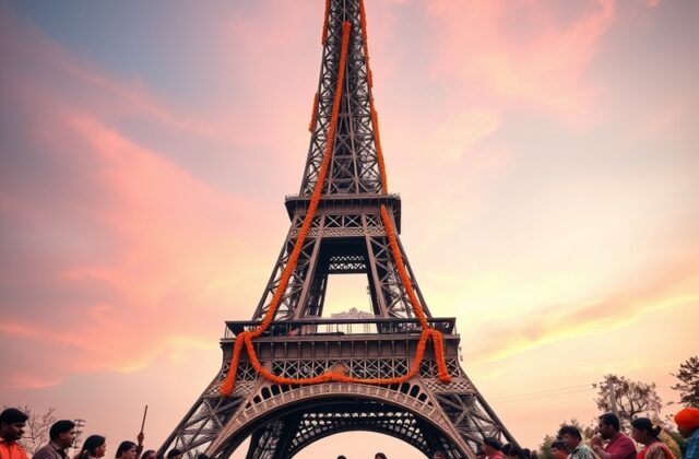 An artistic depiction of the Eiffel Tower blended with Hindu motifs, showcasing vibrant colors and intricate designs that sym