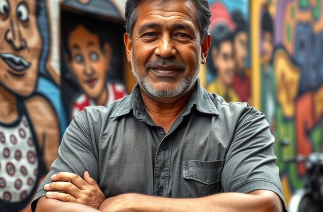 A portrait of Luis Lara in a professional setting, exuding confidence and determination, surrounded by elements representing