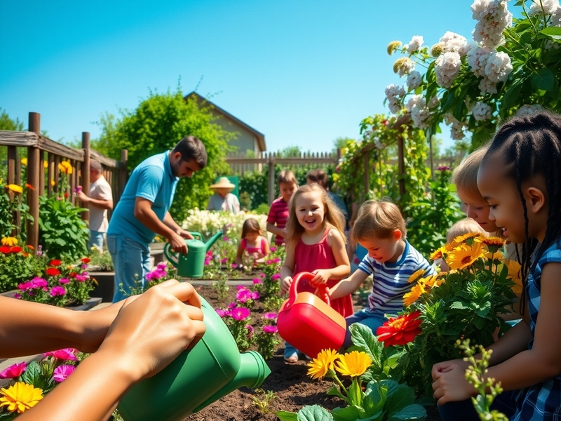A vibrant community garden filled with colorful flowers, vegetables, and people working together, showcasing the joy of garde