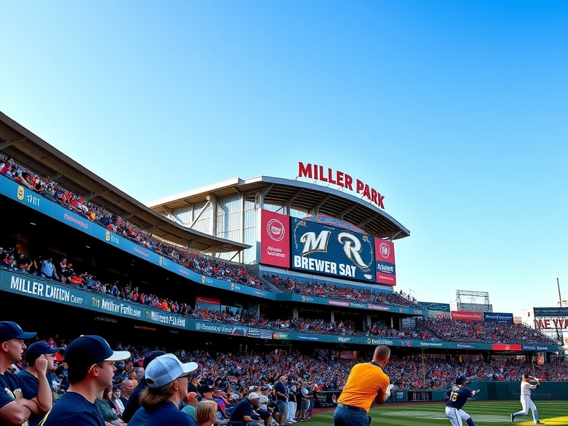 A vibrant scene of a Milwaukee Brewers game at American Family Field, featuring enthusiastic fans and players in action.