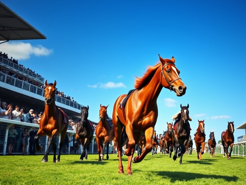 A vibrant scene of the St. Leger Stakes at Doncaster Racecourse, showcasing horses racing, enthusiastic crowds, and the lush
